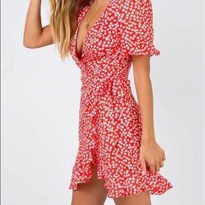 Red and white floral princess Polly wrap dress